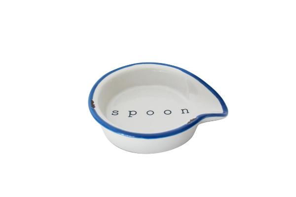 Tinware Spoon Rest in White with Blue Rim