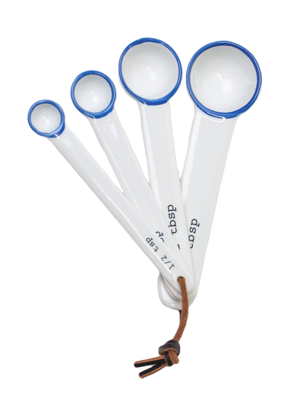 Tinware Measuring Spoons in White with Blue rim
