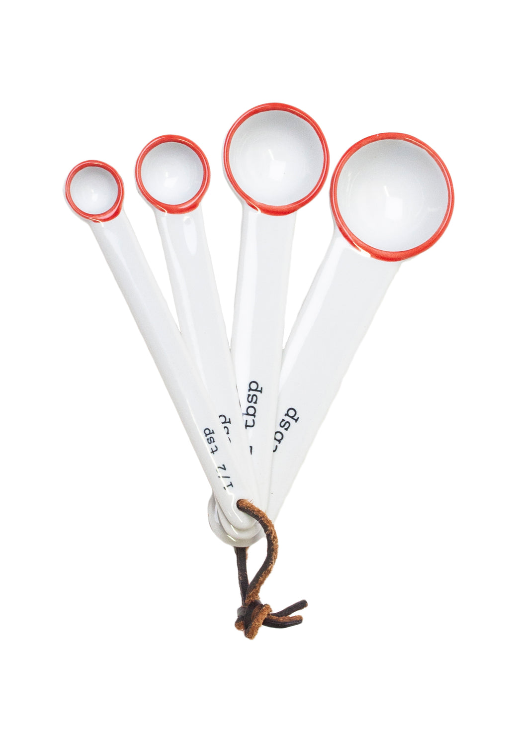 Tinware Measuring Spoons in White with Red rim